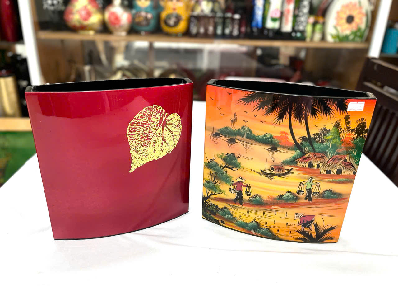 Bình Hoa Sơn Mài Cao Cấp – Dáng Dẹp Nghệ Thuật | Size 25x26x7.5 cm