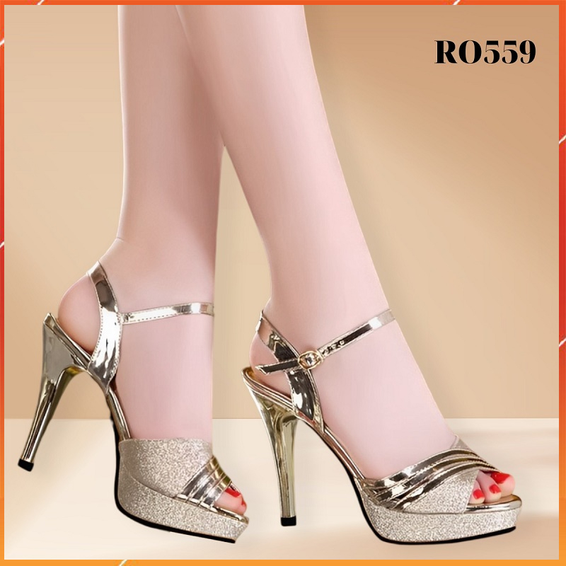 Giày sandal nữ đẹp cao gót 9 phân hàng hiệu rosata hai màu đồng bạc da mềm ro559