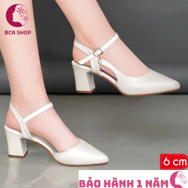 Giày sandal nữ cao gót 6 phân RO360 thời trang cao cấp ROSATA mũi nhọn, quai sau, kèm hạt kim cương nhân tạo, màu kem