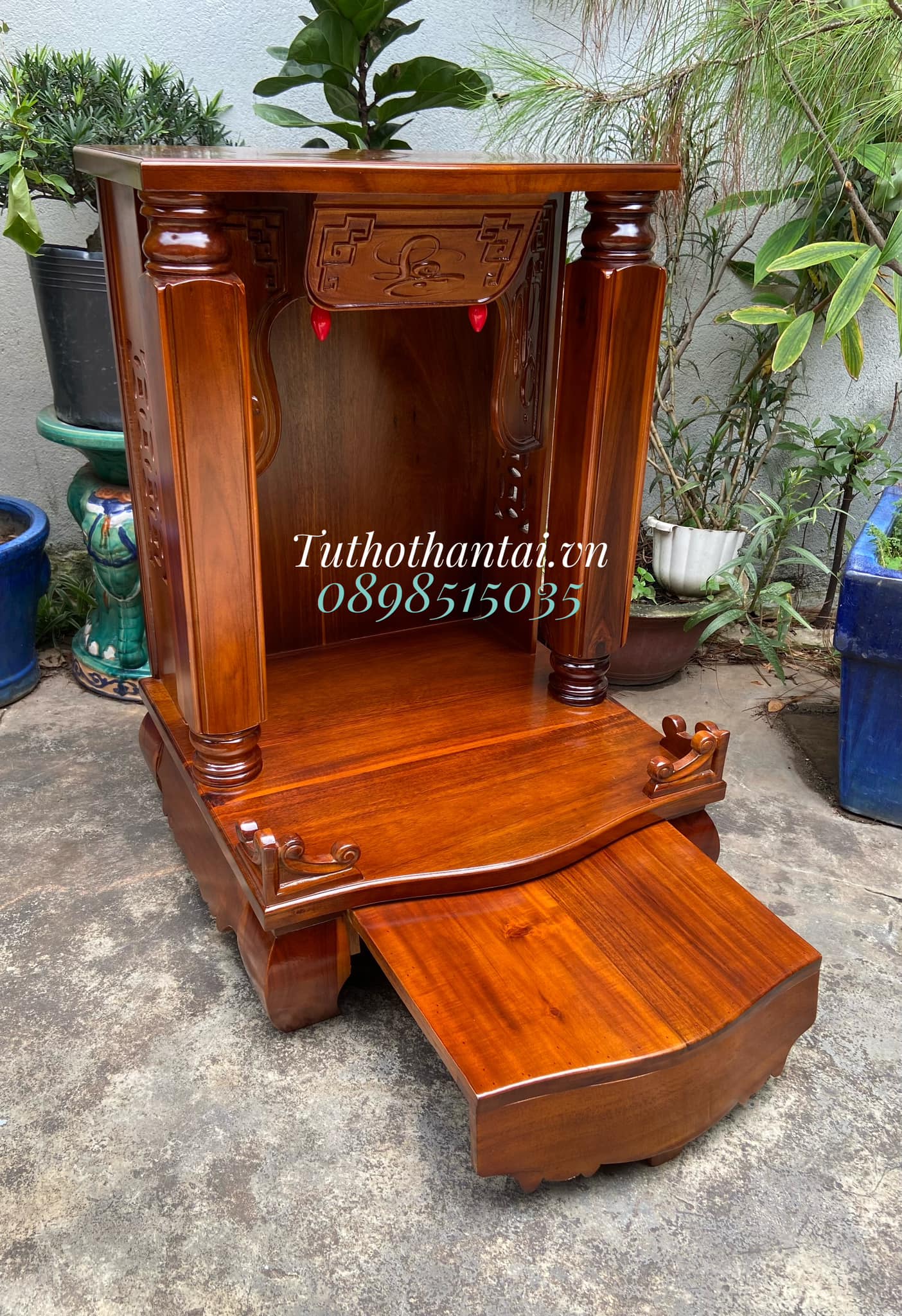 Bàn thờ thần tài gỗ Tràm cột vuông 60CM X 88CM, ngăn kéo bệ lớn