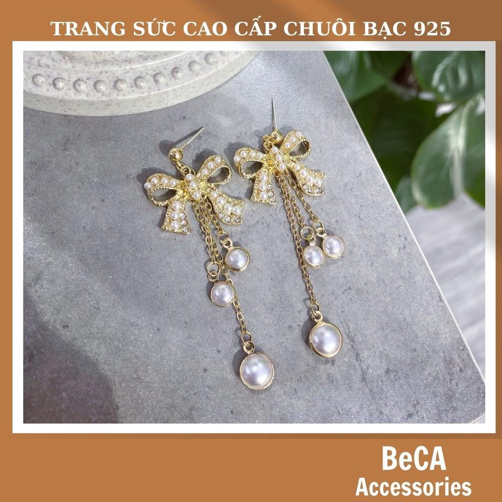 Khuyên tai dài hình nơHoa tai nữ dài đi tiệc - Bông tai chuôi bạc 925