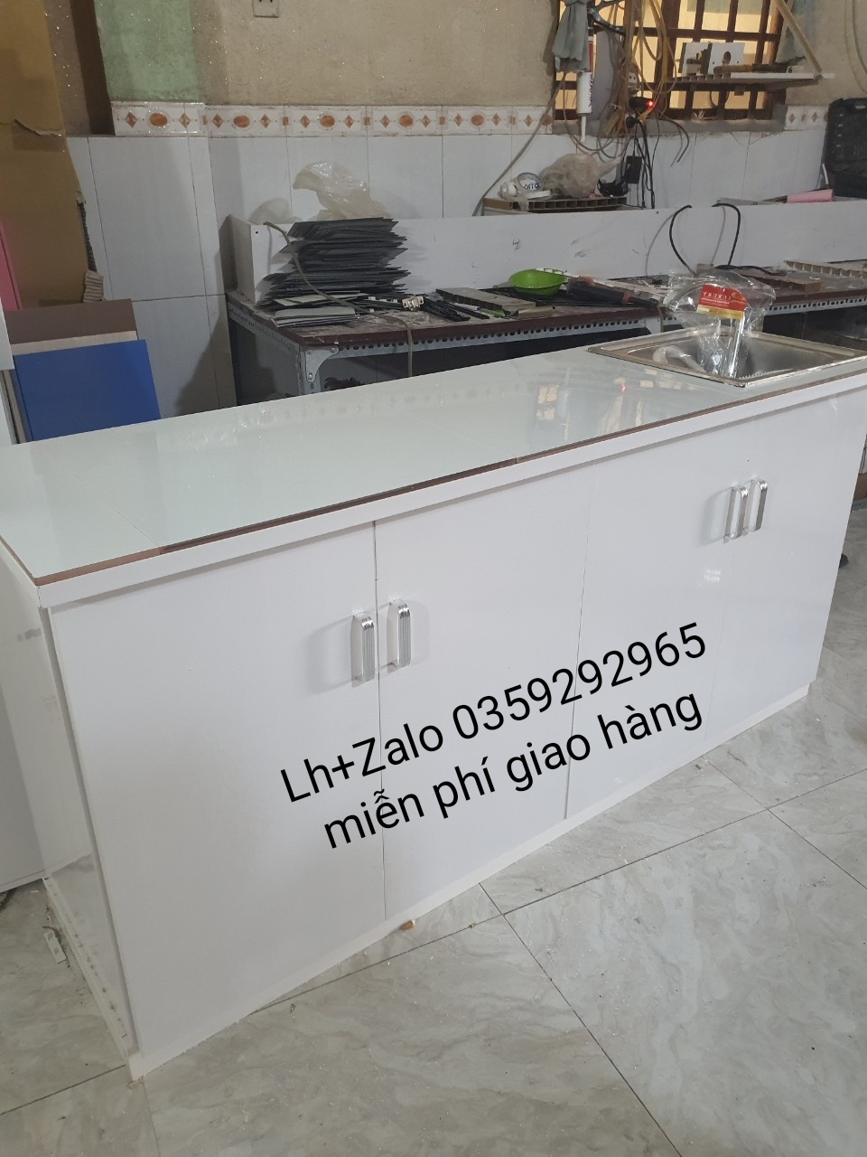 Tủ bếp mini nhựa đài Loan mặt gạch có chậu rửa