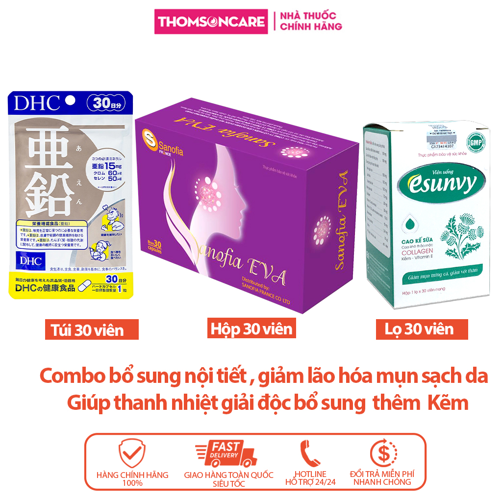 Combo viên uống nội tiết tố cho người bị mụn, nóng trong - Esunvy 30v, Sanofia Eva tím 30v, DHC Kẽm 30v -Giúp làm chậm quá trình lão hóa da ,đẹp da, giảm mụn và bổ sung kẽm cho cơ thể - Thomsoncare
