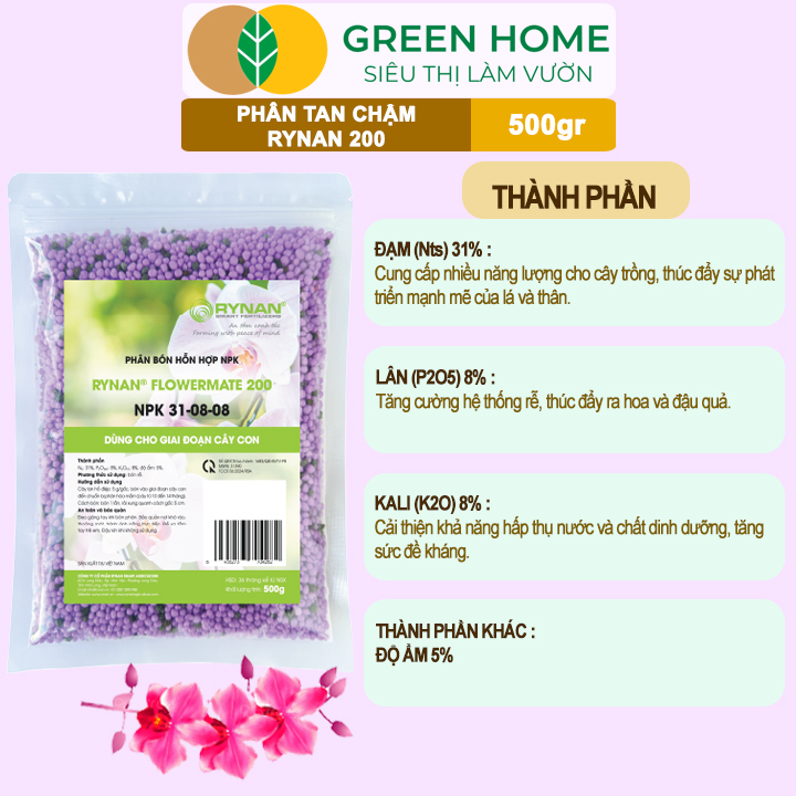 Phân Tan Chậm GreenHome, Rynan 200, Bao 500gr, Dành Cho Giai Đoạn Phong Lan Cây Con, Kích Chồi