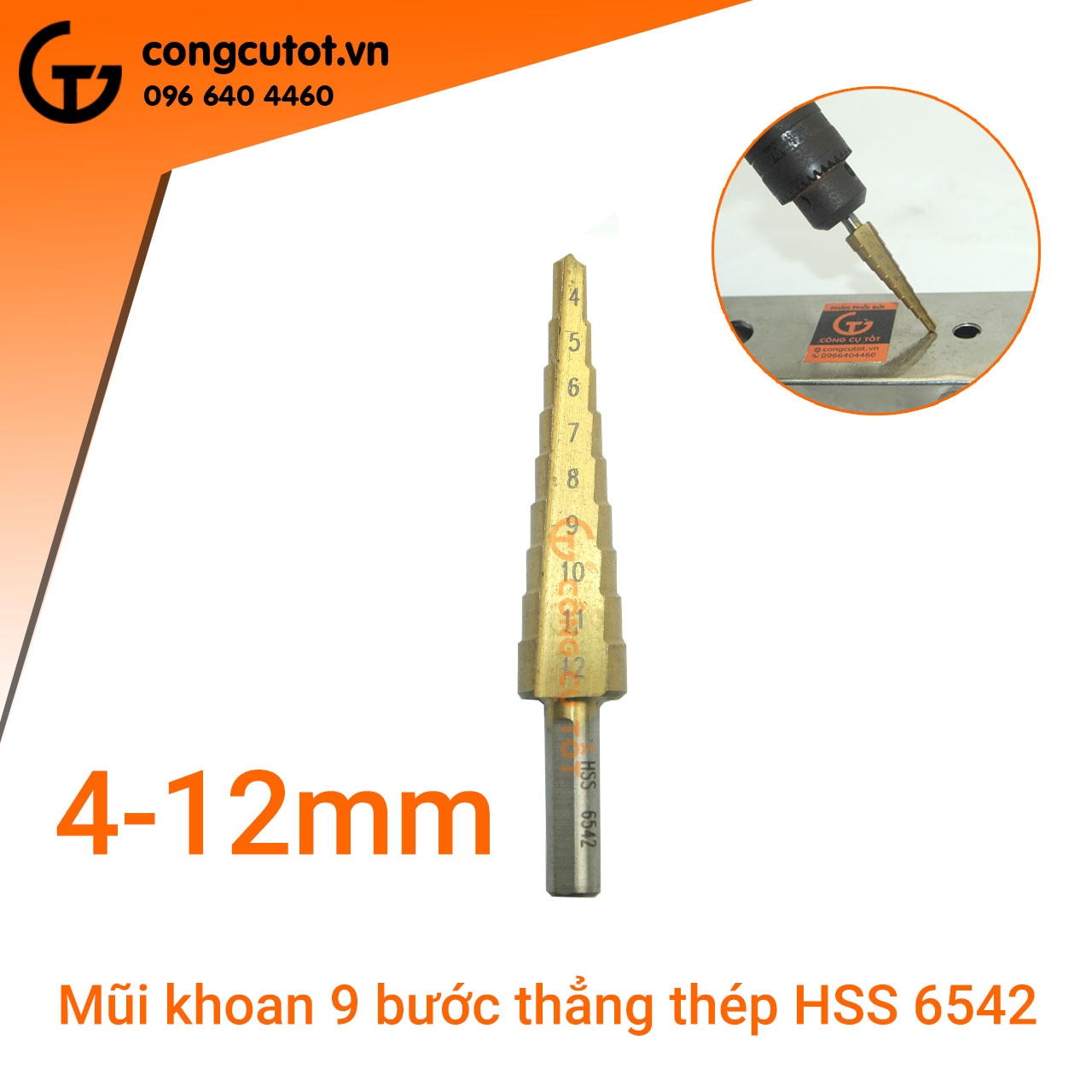 Mũi khoan 9 bước thẳng 4-12mm phủ Titan 6542 chuôi tròn khoan Inox