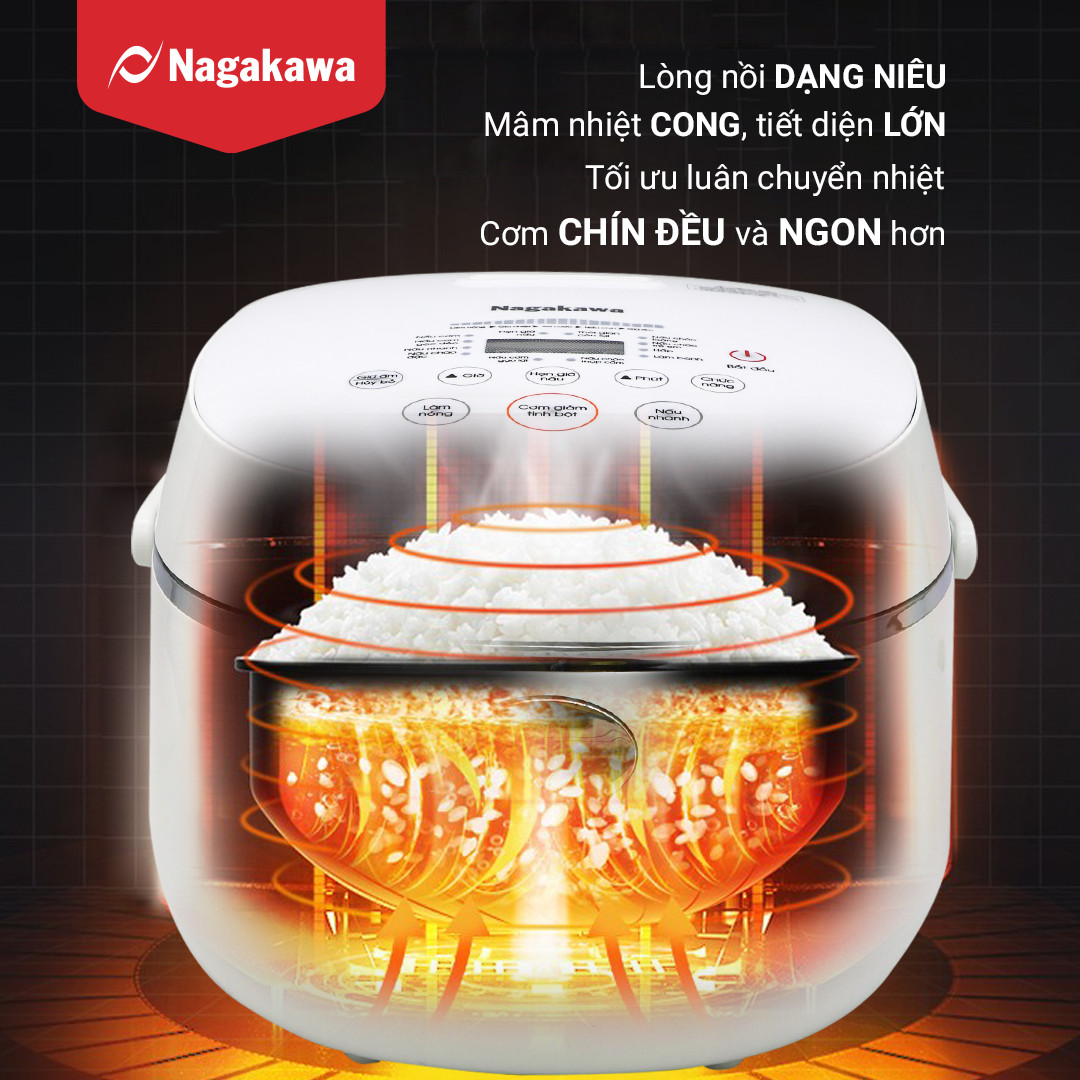 Nồi Cơm Điện Tử Cảm Ứng Nagakawa NAG0136 Trắng - Giảm tinh bột - Lòng niêu chống dính - 11 chức năng (1.2L - 500W) - Hàng Chính Hãng