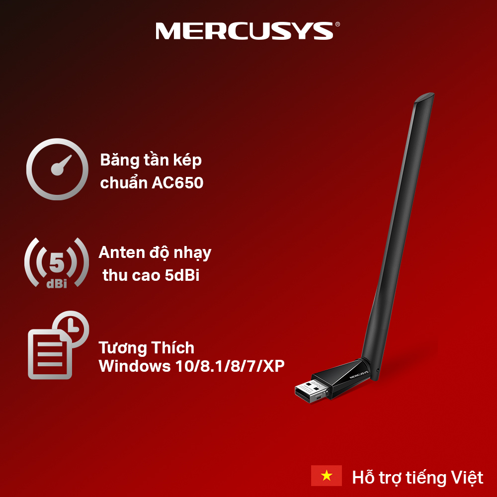 Bộ Chuyển Đổi USB Wifi MERCUSYS MU6H Băng Tần Kép Độ Lợi Cao AC 650Mbps - Hàng Chính Hãng