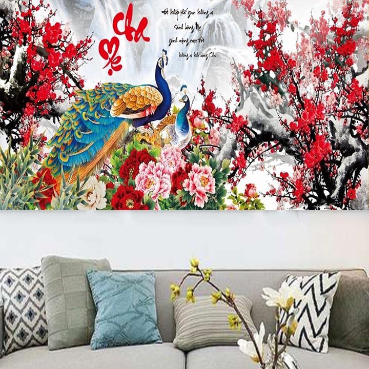 Tranh đá cha mẹ công hoa đào VS060 - kích thước: 100 * 50cm.