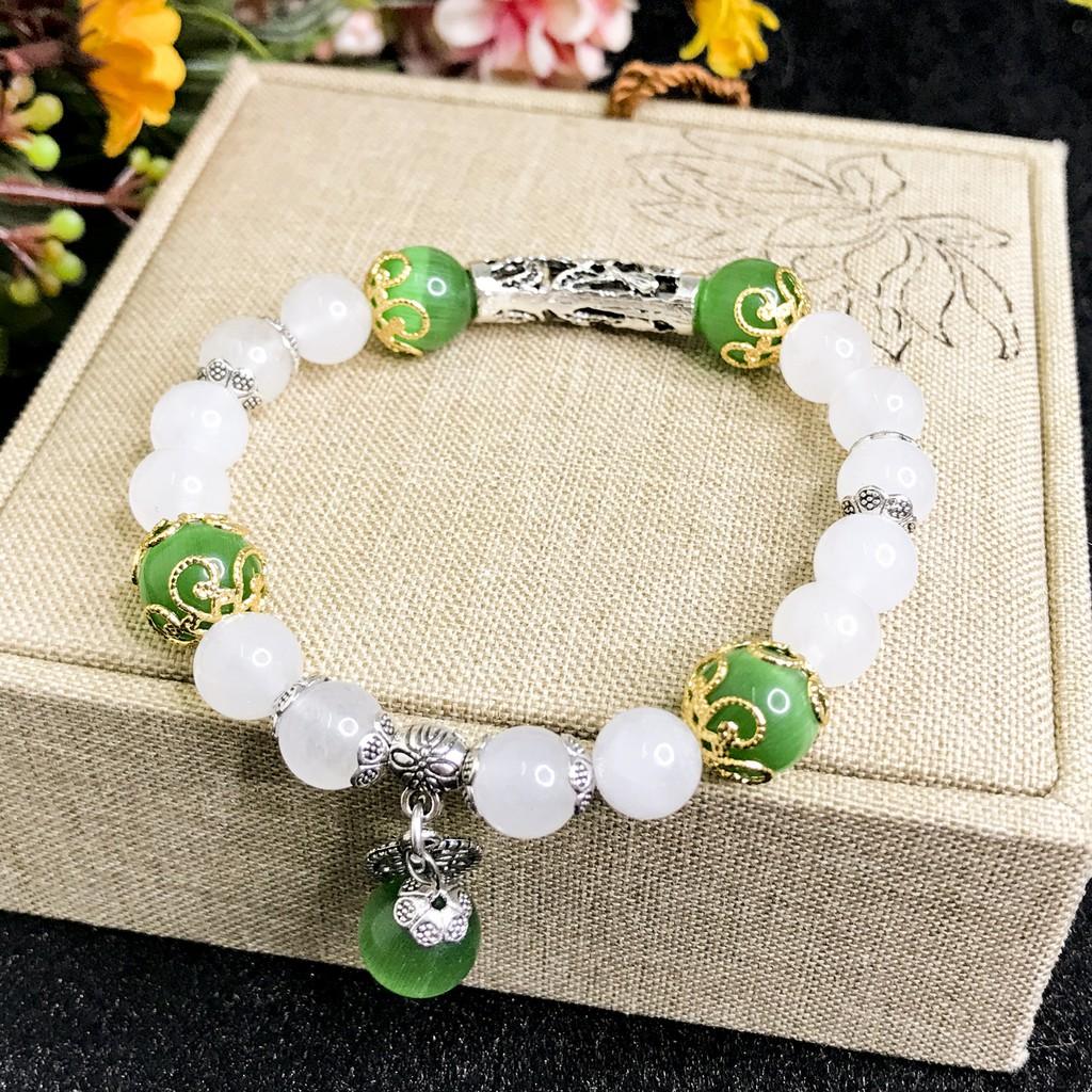 Vòng Tay Cho Mệnh Thủy - Vòng Tay Nữ Mã Não Trắng 8mm Mix Đá Mắt Mèo 10mm V355-8