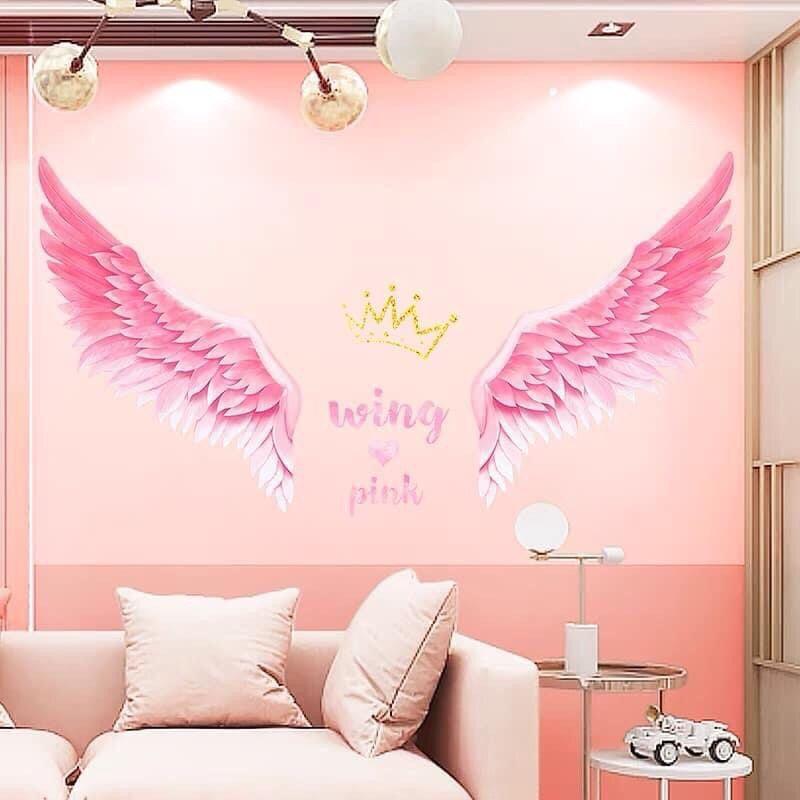 Decal dán tường đôi cánh thiên thần và chân cỏ lau hồng