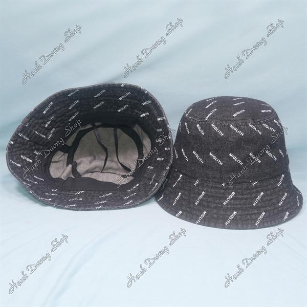 Nón tai bèo jean hàng quảng châu vòng đầu 57-58cm, mũ bucket in chữ Miglith vành rộng 6cm có dây rút phía trong - Đen