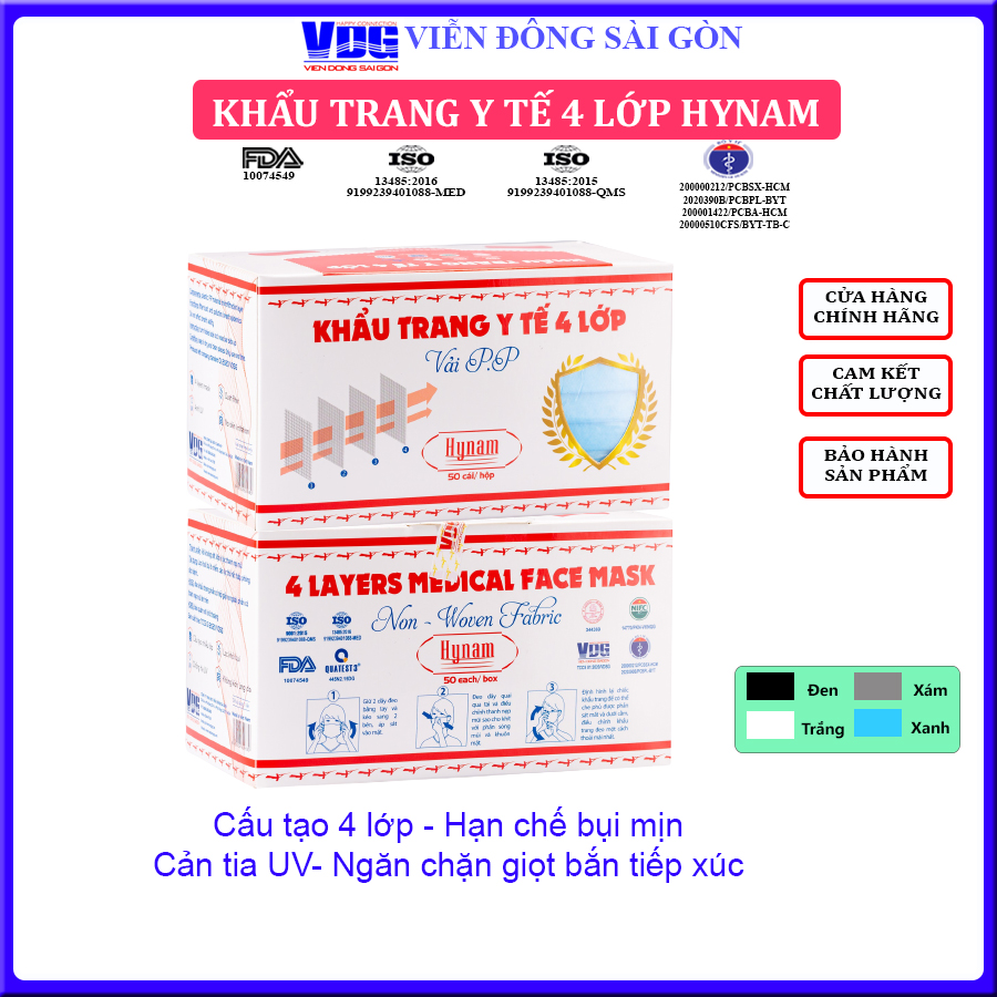 Khẩu trang y tế 4 lớp Hynam màu xanh hộp 50 cái - Kháng khuẩn, chống bụi, chống tia UV
