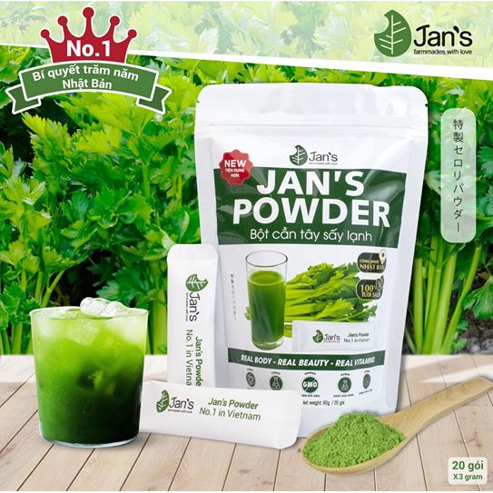 Bột Cần Tây Sấy Lạnh Jans hỗ trợ giảm cân - detox đẹp da sạch mụn -Bao bì mới túi 60g - 20 gói x 3g 