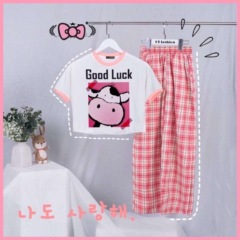 set áo croptop cuốn biên kèm quần sọc caro chất áo cotton kèm quần kate-N