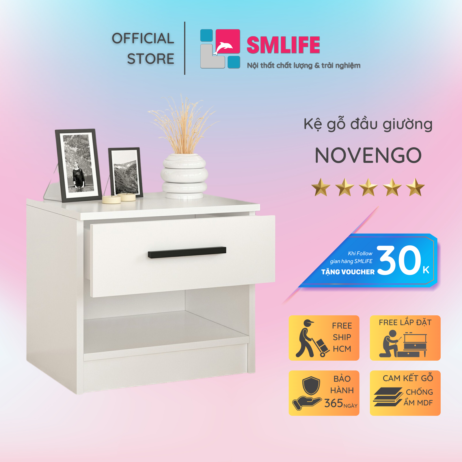 Kệ gỗ đầu giường hiện đại SMLIFE Novengo | Gỗ MDF dày 17mm chống ẩm | D50xR40xC47cm