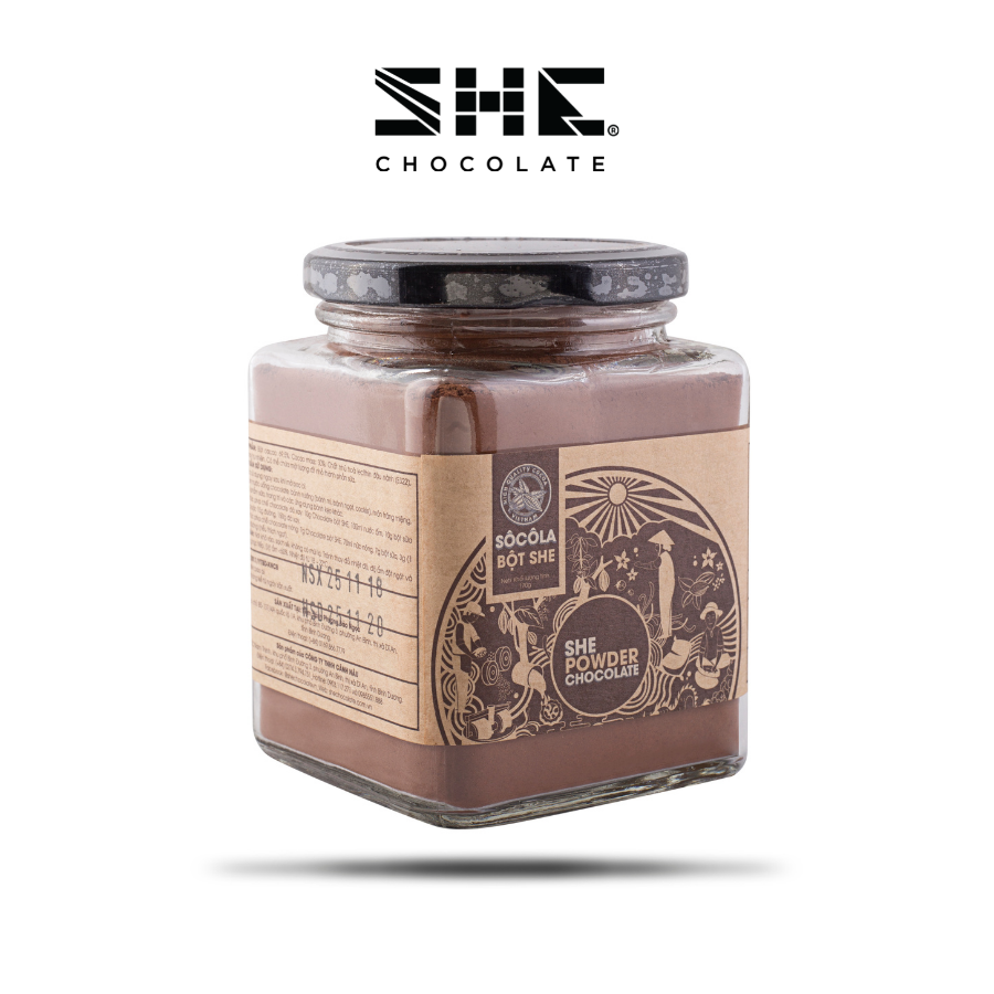 Bột Socola SHE nguyên bản - Hũ thủy tinh 170g - SHE Chocolate. Bổ sung năng lượng, tốt cho sức khỏe và dinh dưỡng, pha uống nóng/ đá tiện lợi. Quà tặng sức khỏe, quà tặng người thân, dịp lễ