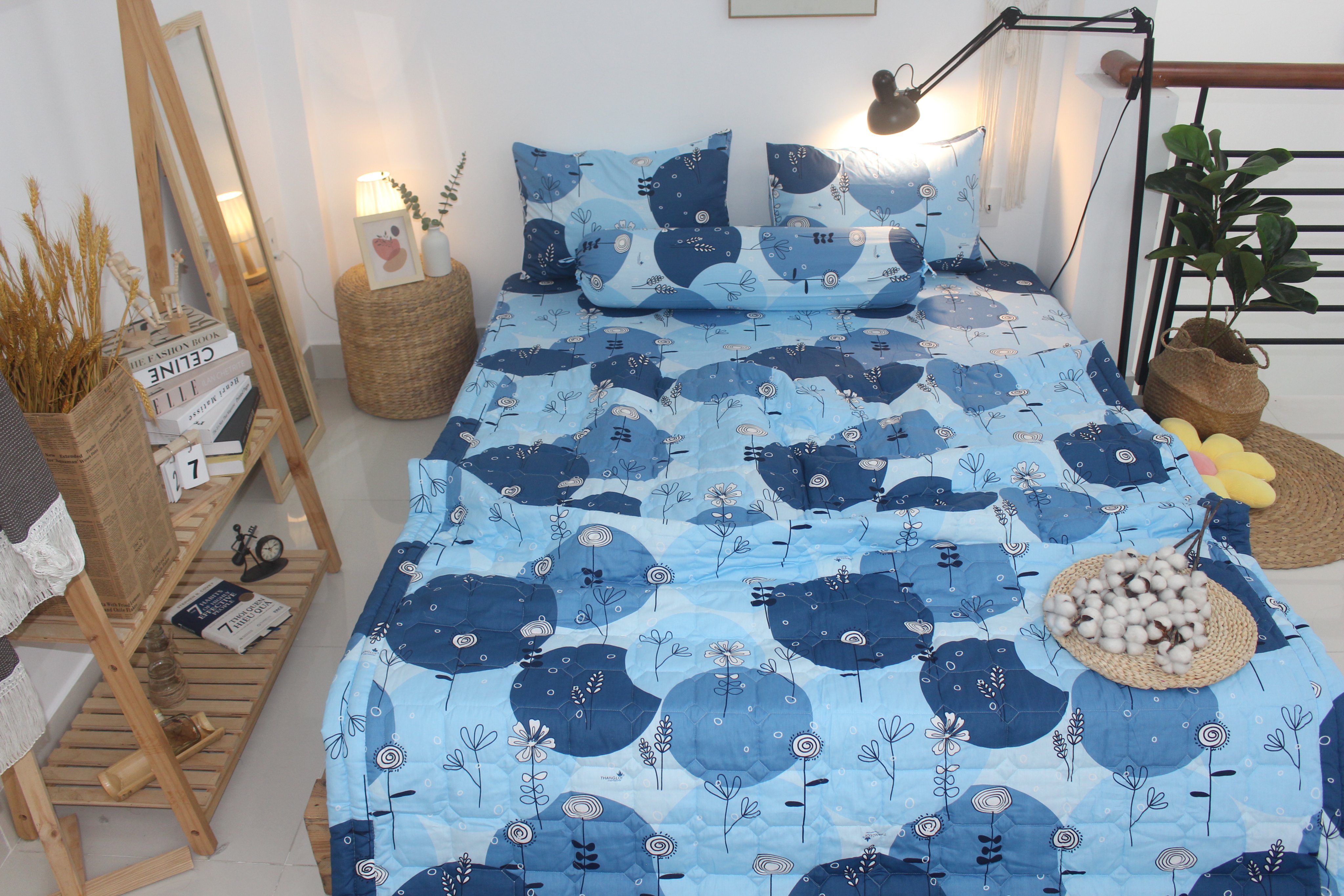 Bộ Drap Gối Cotton - Lập thể tròn xanh- vải dày dặn, mát mẻ, siêu thấm mồ hôi