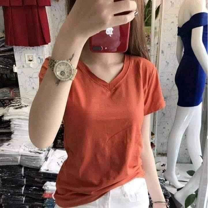 Áo thun nữ trơn cổ tim tay ngắn thun cotton 4 chiều form ôm body MXM
