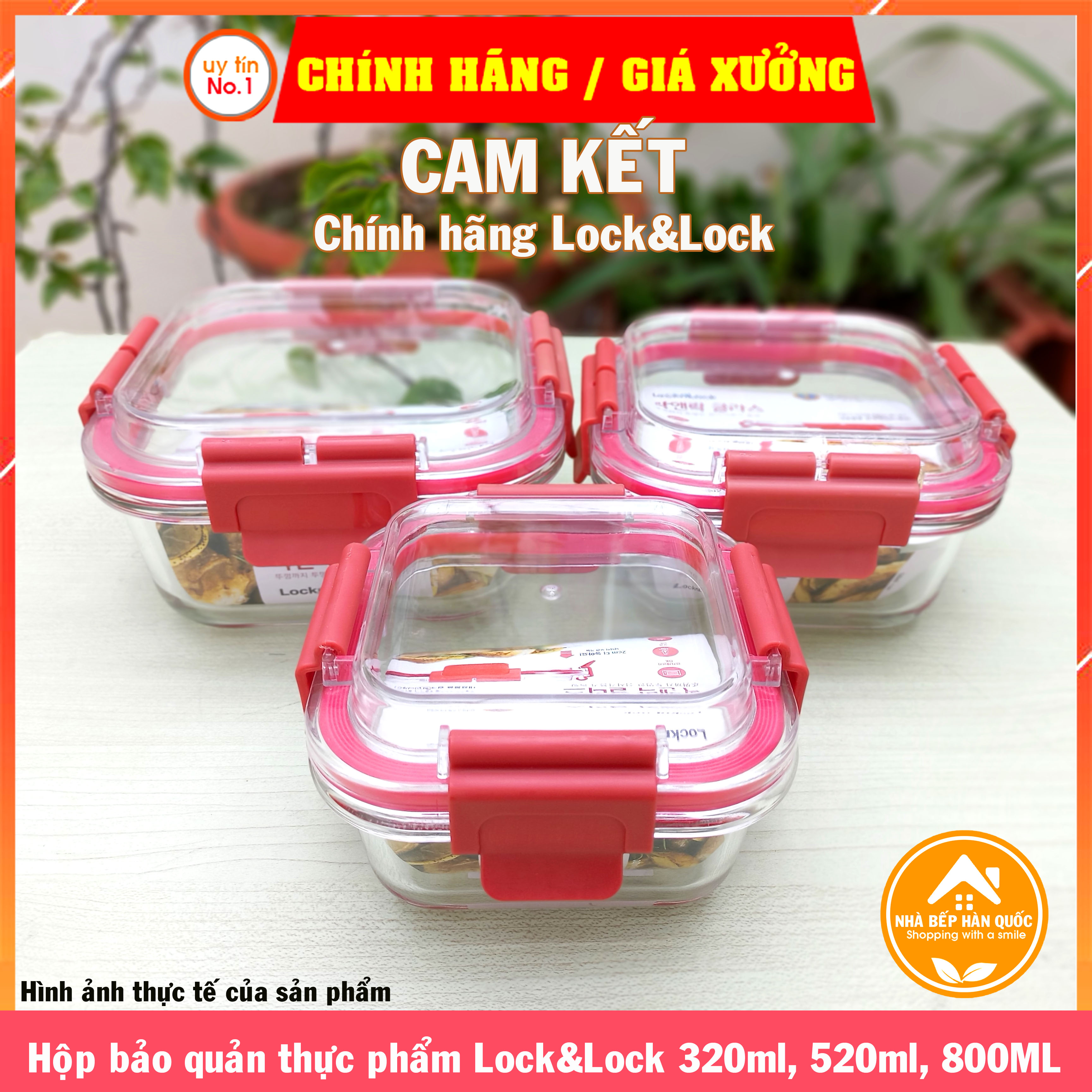 Hộp đựng thực phẩm Lock&amp;Lock chính hãng bằng thuỷ tinh LLG238 320ml LLG239 520ml LLG242 800ml nắp màu đỏ