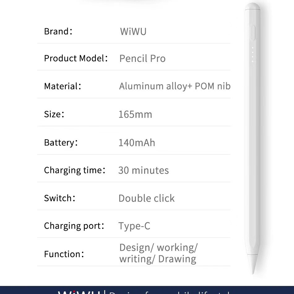 Bút Wiwu Pencil Pro 4 Đèn Led Dành Cho Ipad Có Chế Độ Tiết Kiệm Năng Lượng, Chống Tỳ Tay - Hàng Chính Hãng