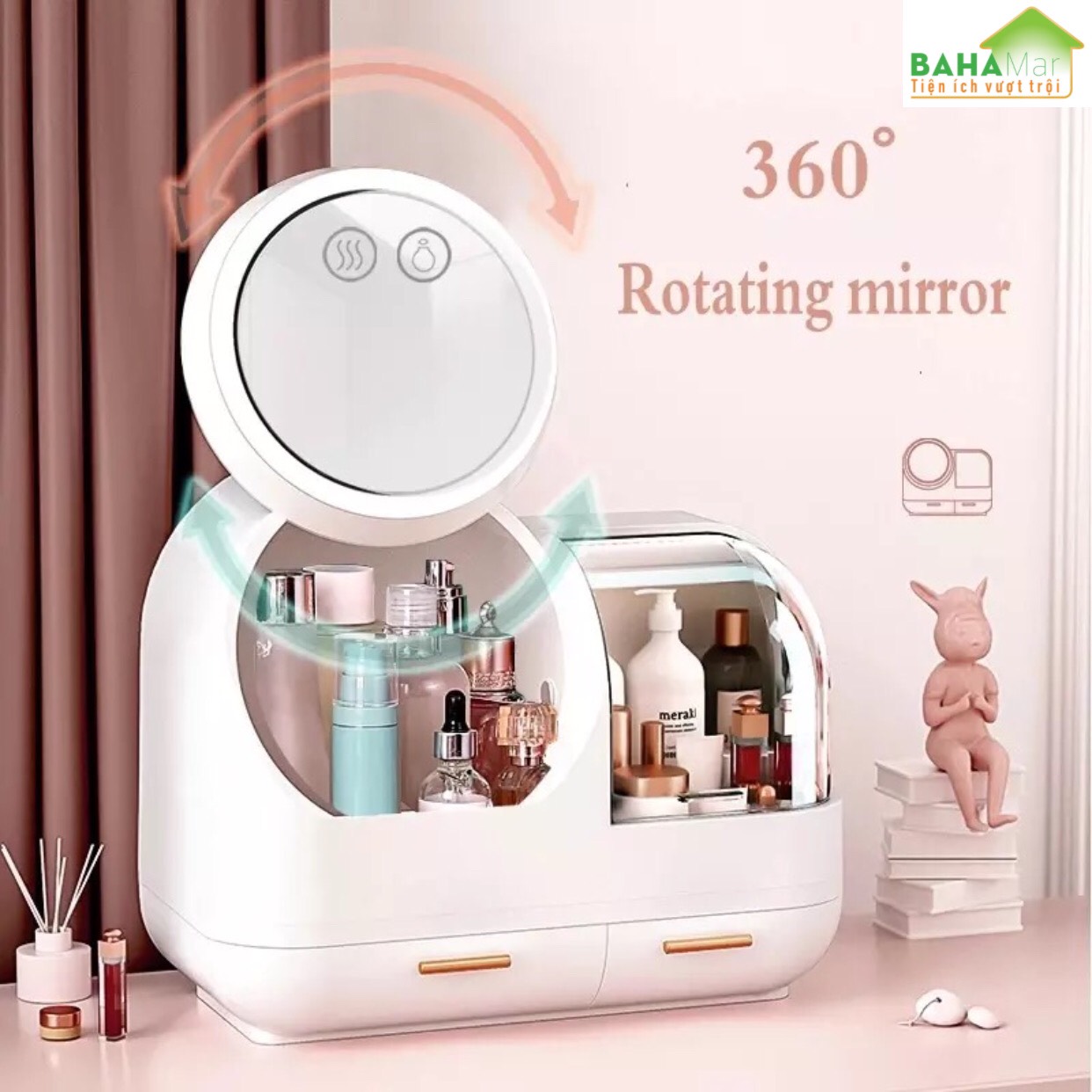 HỘP ĐỰNG MỸ PHẨM CÓ GƯƠNG TRANG ĐIỂM ĐÈN LED QUẠT BAHAMAR có quạt thổi khô lớp trang điểm thiết kế tay cầm dễ dàng xách di chuyển hộp chống bụi v