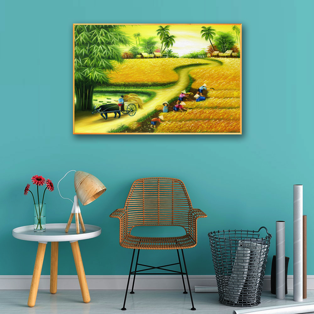 Tranh treo tường – Phong cảnh cánh đồng quê Việt Nam CA123- Vải canvas kim tuyến cán PiMa - công nghệ in UV - Khung viền composite - bền màu 10 năm.