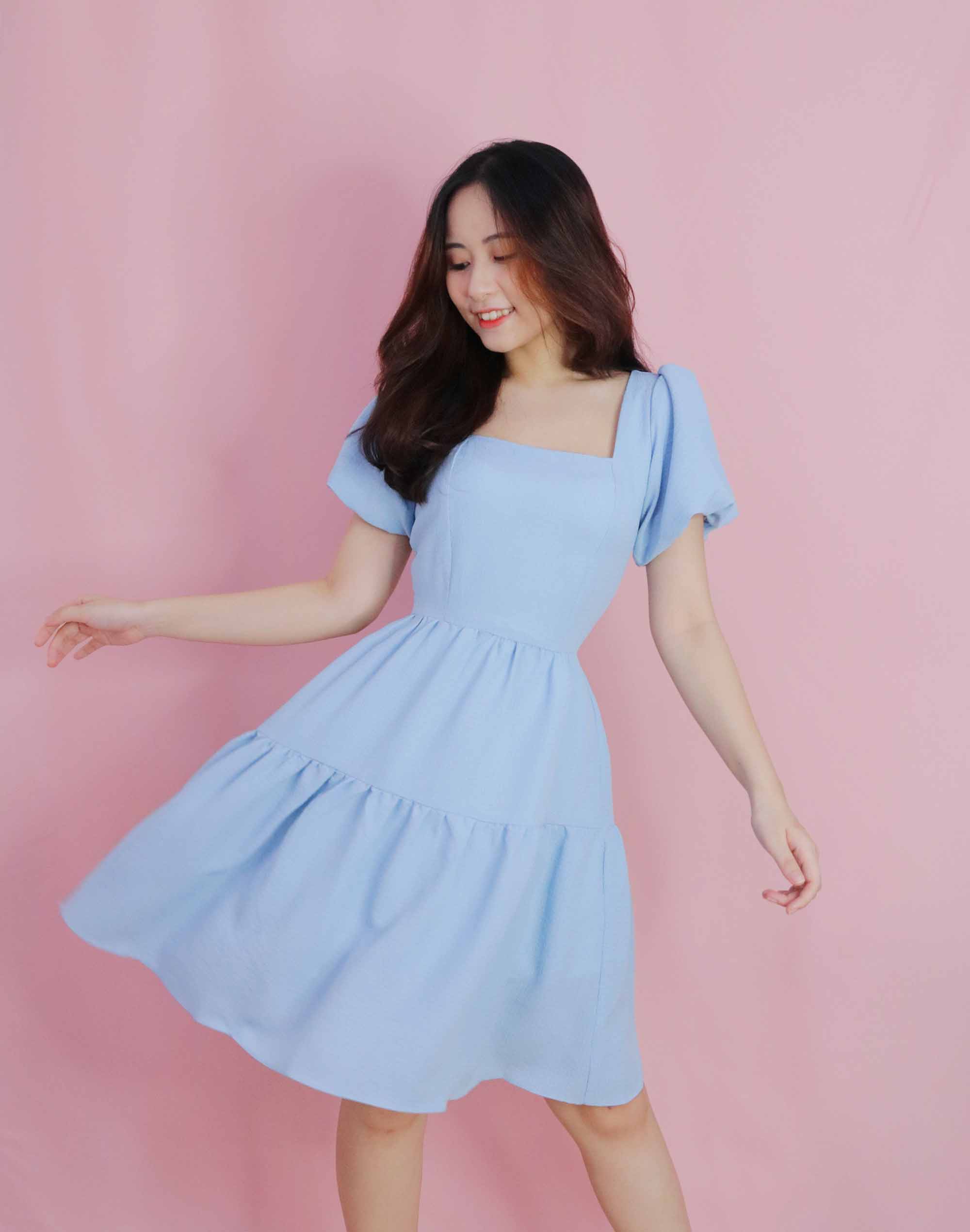 Đầm xanh dự tiệc dáng xòe cổ vuông tay phồng thiết kế thanh lịch thời trang đi tiệc đi làm eo che bụng