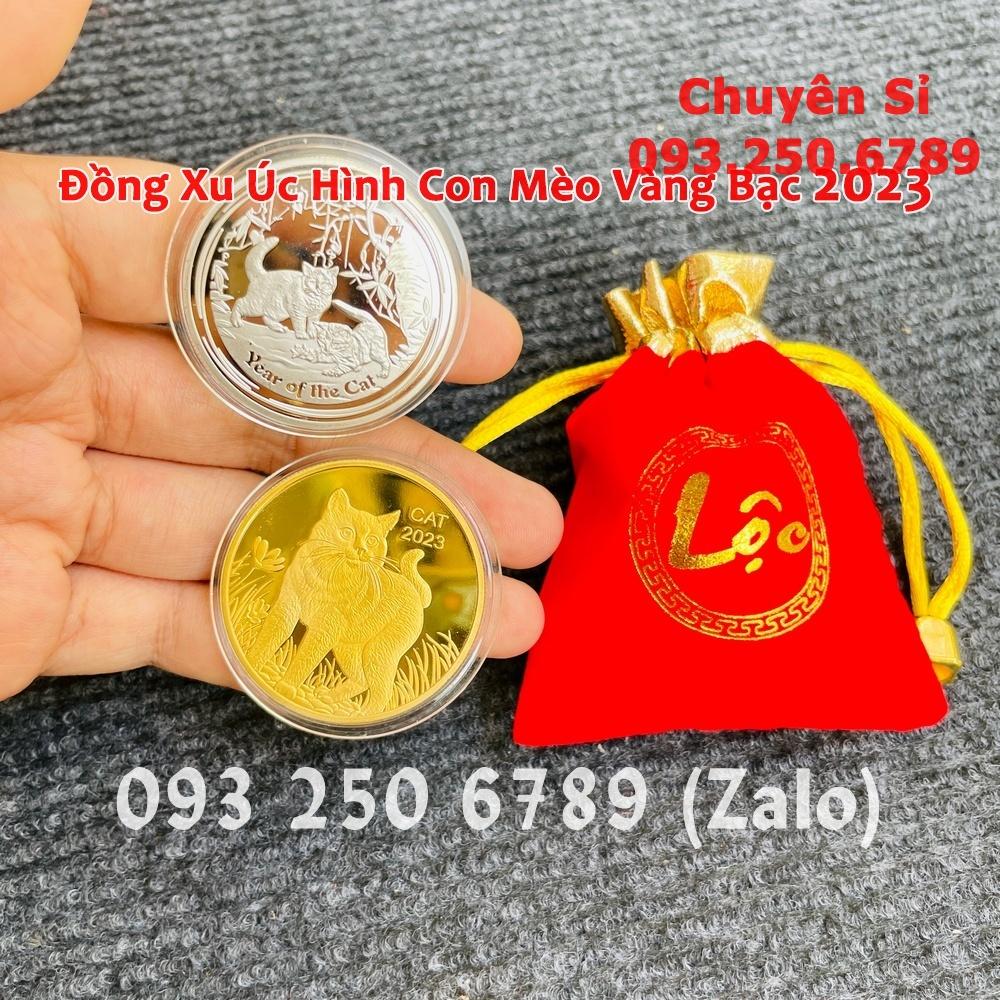 Cặp xu hình con Mèo Úc làm quà tặng Tết 2023 - túi LỘC nhung đỏ tặng kèm, Lì Xì Tết - NELI