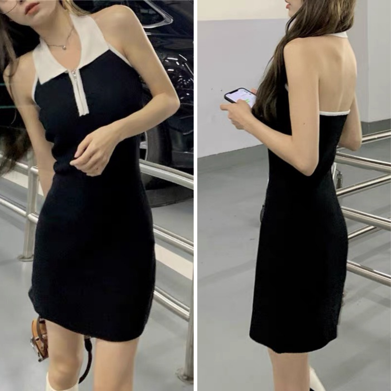 Đầm body  cổ yếm hở lưng dáng ngắn trên gối sexy quyến rũ màu đen mặc đi tiệc đi chơi phong cách Hàn quốc
