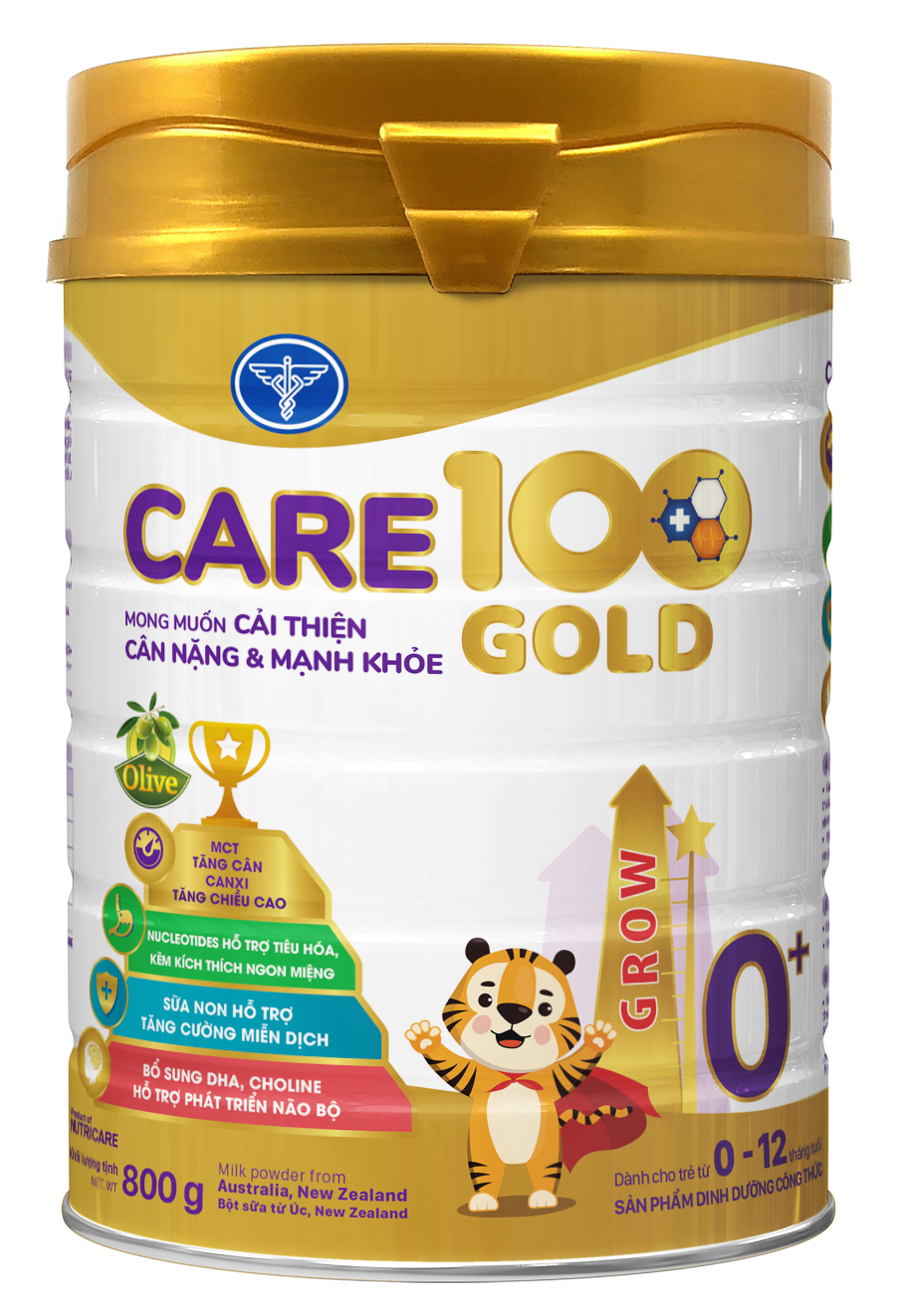 Sữa công thức Care 100 Gold 0+ lon 800g - Dành cho bé 0-12 tháng tuổi, Mong muốn cải thiện Cân nặng &amp; Mạnh khoẻ