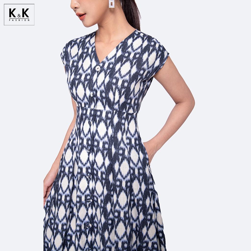 Đầm Xòe Công Sở Sát Nách Cổ V K&amp;K Fashion KK118-30 Chất Liệu Linen