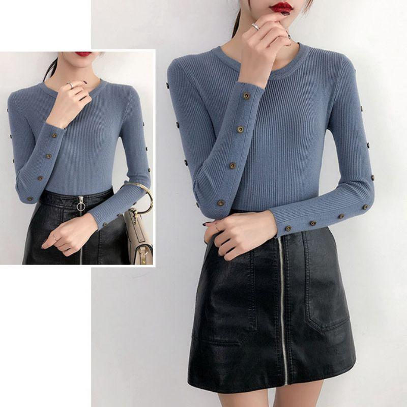 Áo dệt kim tay dài phối nút màu trơn thiết kế thanh lịch