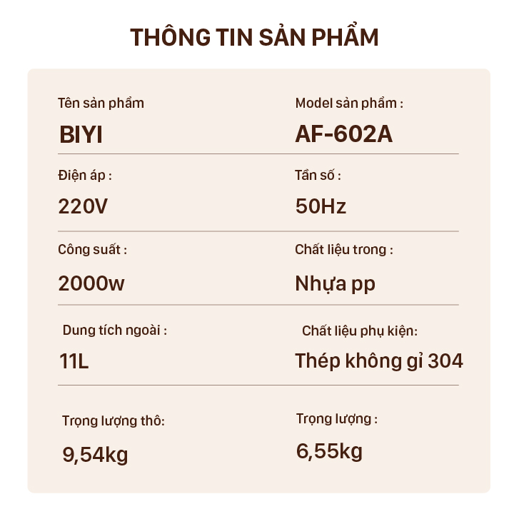 Nồi Chiên, Nướng, Quay Không Dầu Điện Tử BIYI AF-602A, Dung Tích Lớn 11L - Hàng Chính Hãng