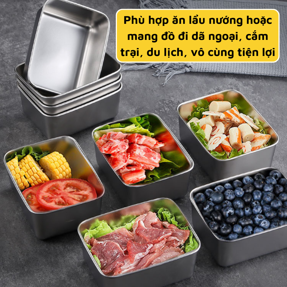 Set 5 hộp inox chống rỉ 304 kèm nắp nhựa bảo quản thực phẩm tủ lạnh đa năng tiện lợi