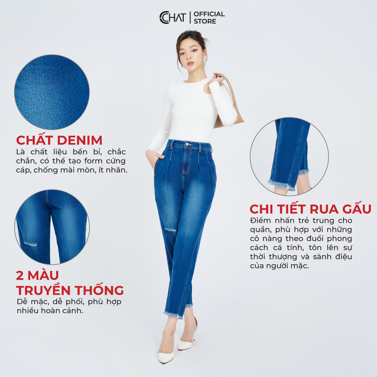 Quần Jean Nữ Dáng Baggy 2 Ly Rua Gấu Chất Vải Dày Dặn 22GDJ2013BH