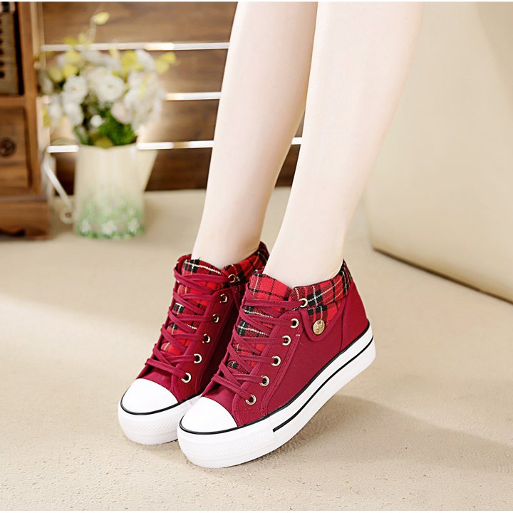 Giày sneakers vải canvas họa tiết kẻ đế cao 7cm PS372-1130