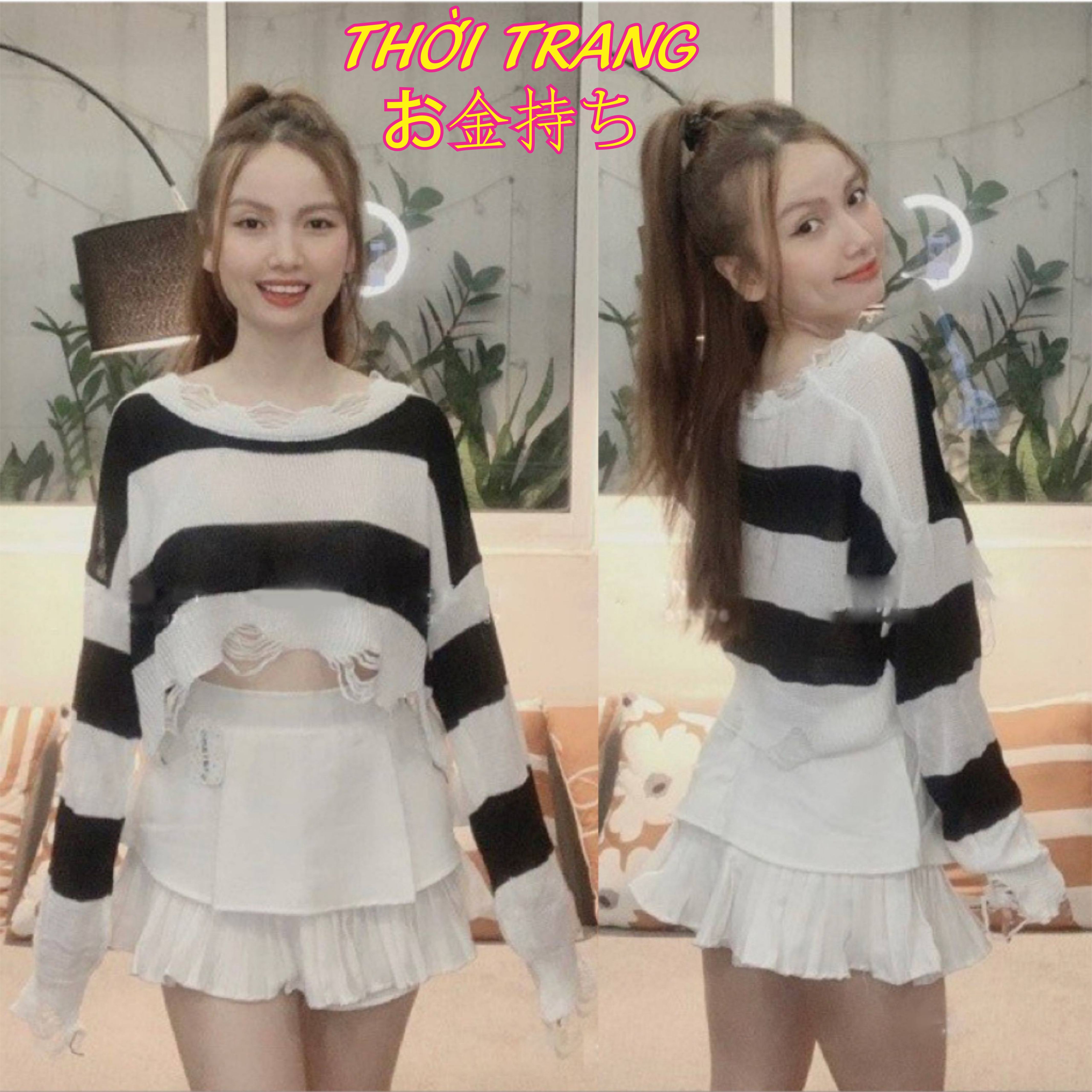 Áo len mongtoghi dài tay kẻ đen trắng lưới rách cá tính nữ 170