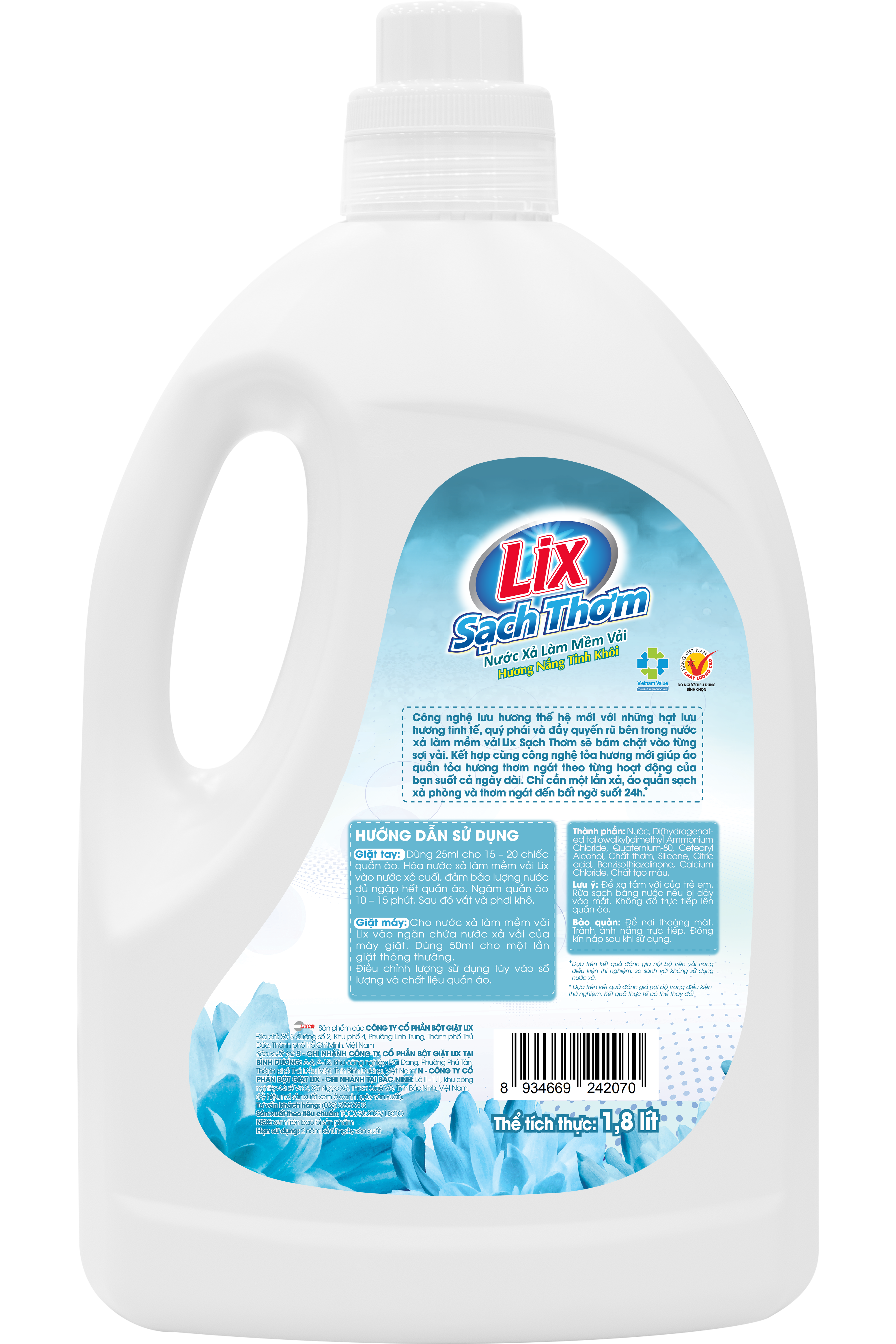 Nước xả Lix làm mềm vải sạch thơm hương nắng tinh khôi  dung tích 1.8L - 17801
