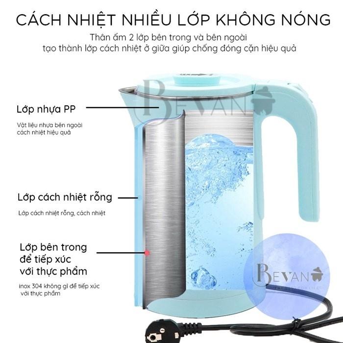 Ấm siêu tốc hàng chính hãng 2 lớp Korichi KRC-5188, ấm đun siêu tốc tự động ngắt bảo vệ đun sôi và khô nước Bevano