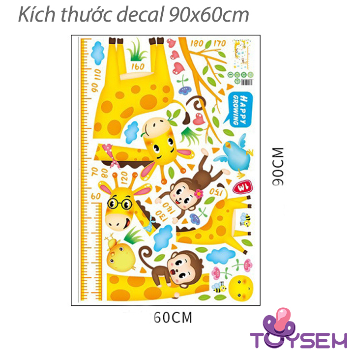 Decal dán tường thước đo chiều cao cho bé hình hươu và khỉ dễ thương - Trang trí decor phòng cho bé - Quà Tặng sinh nhật cho trẻ