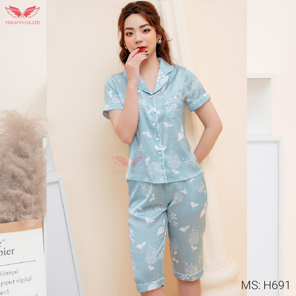 Đồ bộ nữ mặc nhà Pijama lụa Pháp VINGO tay ngắn quần lửng mặc màu Hè họa tiết chùm hoa màu xanh nhạ thanh lịch H691 VNGO