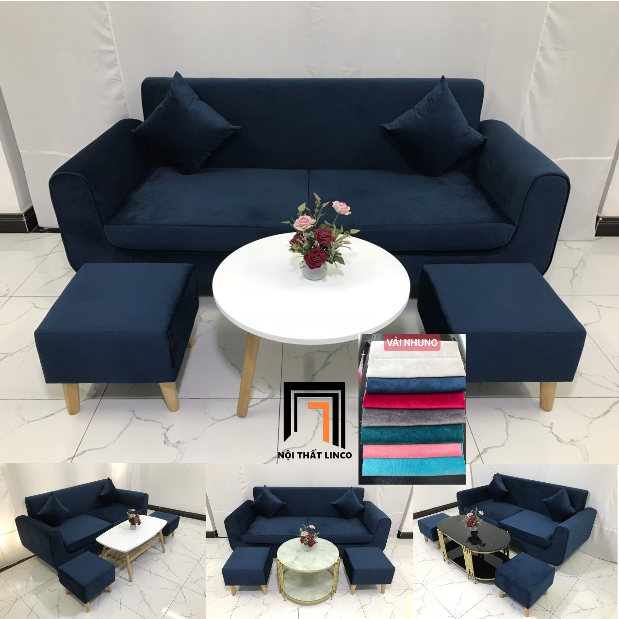 Bộ ghế sofa băng văng dài phòng khách hiện đại vải nhung