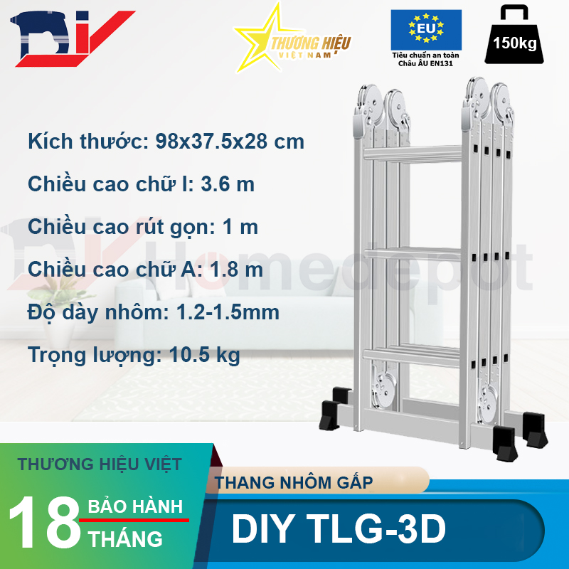 Thang nhôm gấp đoạn DIY TLG-3D chiều cao sử dụng tối đa chữ A 1.8m chữ I 3.6m - Tiêu chuẩn chất lượng an toàn Châu Âu