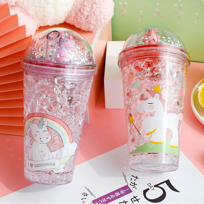 Cốc Uống Nước Cute Có Nắp Và Ống Hút 500ml, Ly Uống Nước Họa Tiết Kim Tuyến Khủng Long Dễ Thương