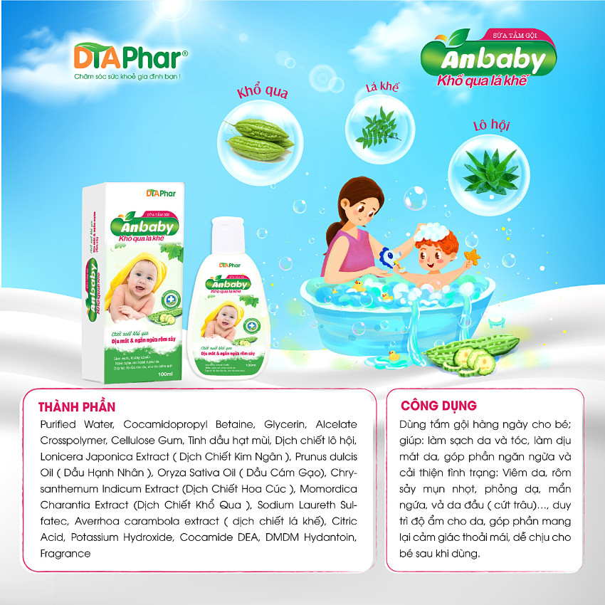 Tắm gội cho trẻ Anbaby giúp làm sạch da và tóc làm dịu mát da ngăn ngừa và cải thiện tình trạng viêm da rôm sảy mang lại cảm giác thoải mái cho bé sau khi tắm Chai 100ml Tâm An Pharma