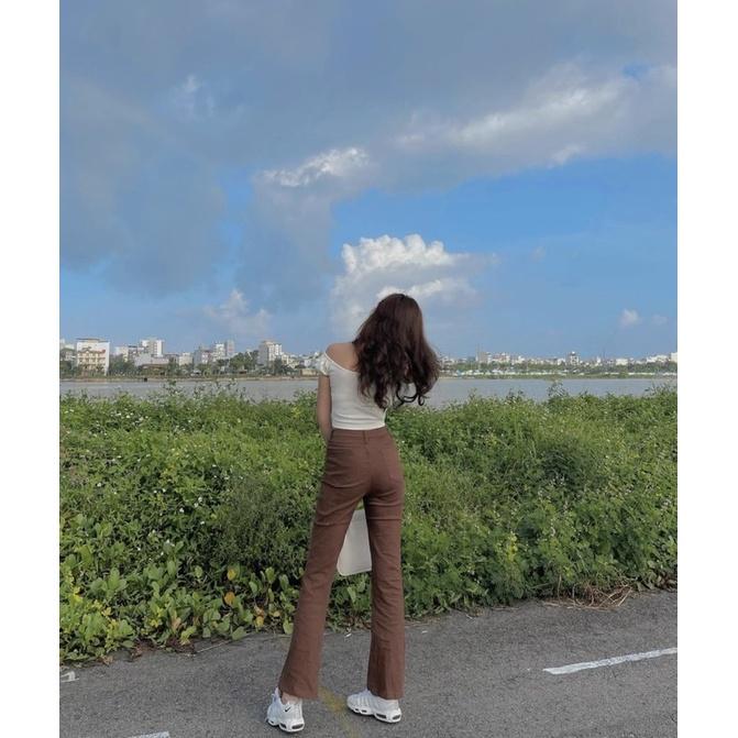 SET ÁO CROPTOP TRẮNG + QUẦN SUÔNG NÂU