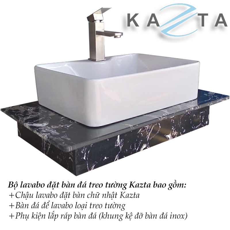 Combo Thiết Bị Nhà Tắm Cao Cấp KAZTA KZ-CBT03: Bồn Cầu 1 Khối Xả Xoáy Nắp Êm-Lavabo Đặt Bàn Đá-Sen Tắm Nóng Lạnh Kèm Bộ Phụ Kiện Nhà Tắm Sang Trọng Như Hình