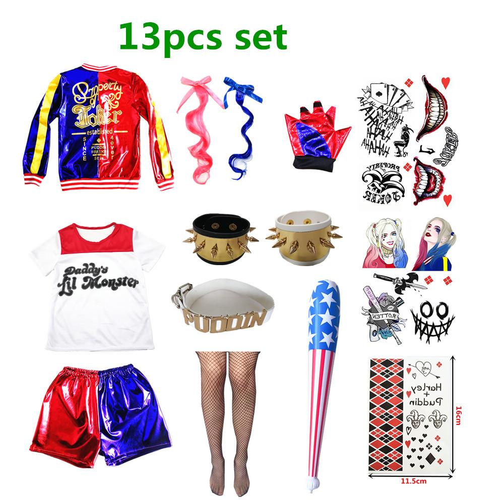Trang Phục Hóa Trang Quinn Harley Харли Куинн Trẻ Em Bé Gái HalloweenT Áo Sơ Mi Bracer Joker Áo Dây Tóc Giả Găng Tay