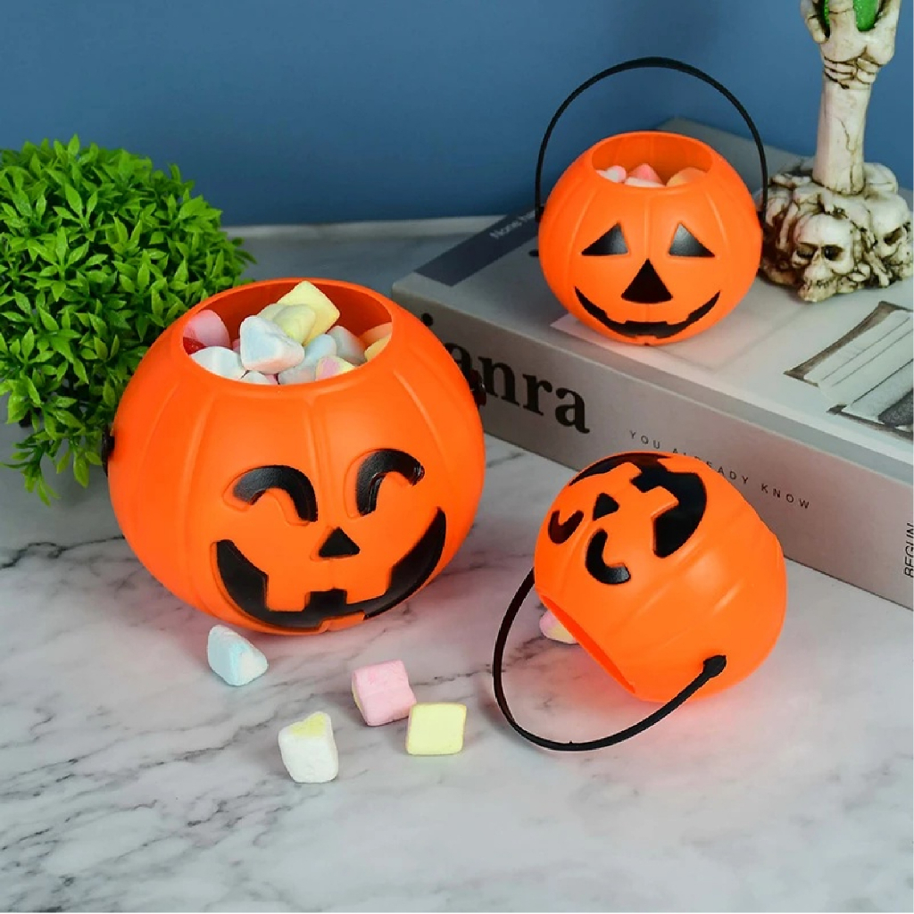 Giỏ xách đựng kẹo quả bí ngô Halloween cỡ to đường kính 16 cm