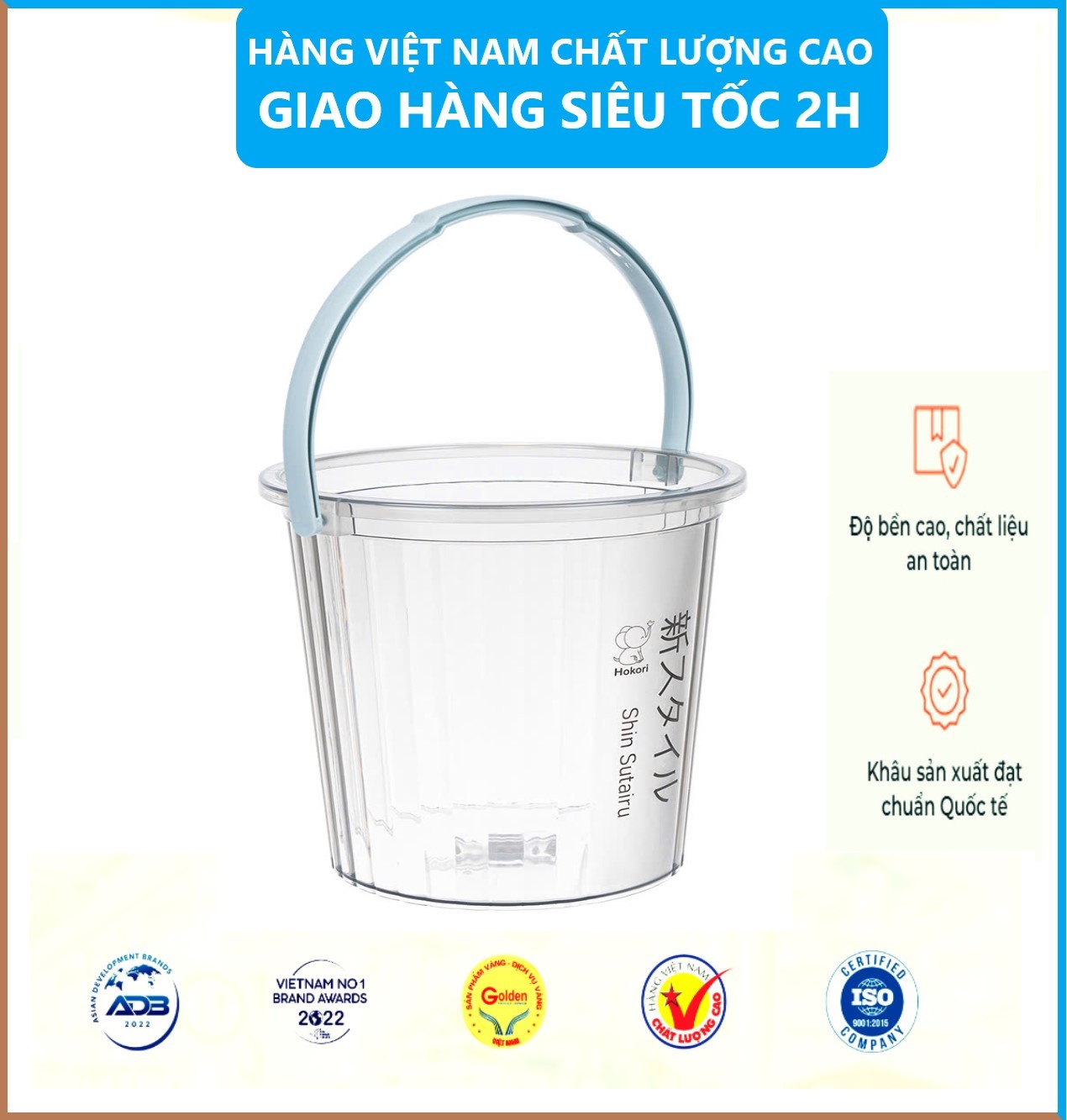 Xô trong 10L Hokori 5228, Xô đựng nước trong suốt, Xô đựng đá có quai xách trong suốt dày dặn Việt Nhật - Hàng Việt Nam